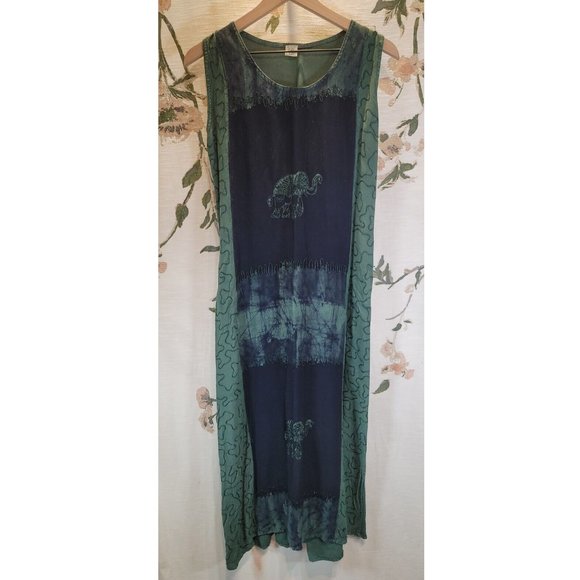 Women's Green Tie-dye & Embroidered Bohemian Elephant Dress One Size - Picture 1 of 10